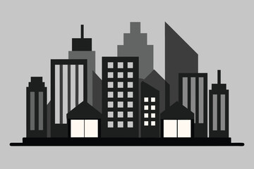 Obraz premium Stylized Cityscape Silhouette Featuring Skyscrapers and Houses with Illuminated Windows on a Gray Background