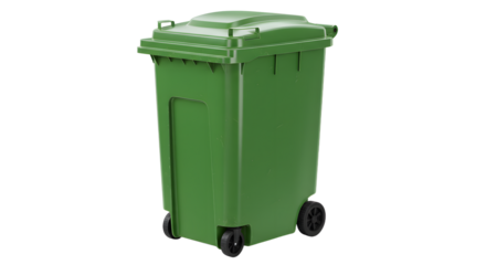 Green outdoor wheeled trash bin isolated on white background, perfect for waste management and recycling projects