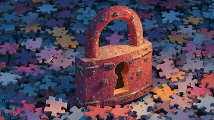 Digital illustration of red puzzle lock surrounded by scattered puzzle pieces, illuminated by warm glow. design symbolizes security, problem solving, and creativity