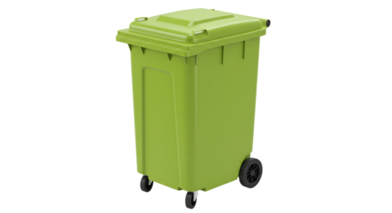 Green wheeled outdoor trash bin with closed lid isolated on white background, ideal for waste disposal and recycling