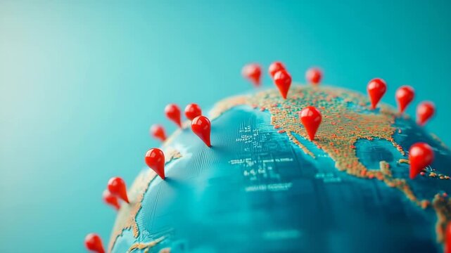 Closeup globe with red location pins scattered across various continents. Background is a soft blue, emphasizing the global theme