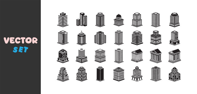 Collection of black and white isometric building icons for cityscape design