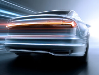Fototapeta premium Rear view of a futuristic electric car in motion with glowing tail lights and light trails, captured with motion blur on a bright background, emphasizing speed and innovation.