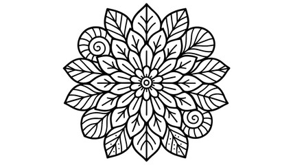 Mandala coloring page floral mandala line art illustration, symmetrical flower with leaves and decorative pattern for adult coloring book and relaxation artwork design