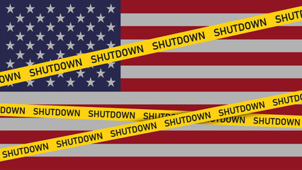 Obraz na płótnie Canvas USA Shut Down with Yellow Hazard Tape Design and USA Flag Background Vector Illustration