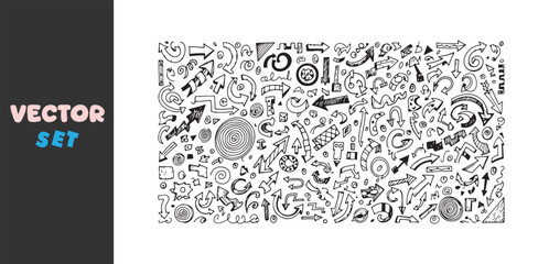 Hand drawn doodle arrows and symbols collage black and white