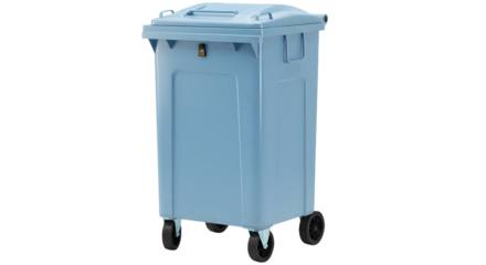 Light blue outdoor plastic garbage bin with wheels isolated on white background, perfect for waste management and recycling