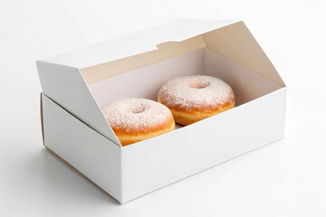 Open White Donut Box Mockup with Two Powdered Sugar Donuts. Bakery Packaging Template.