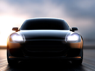 Naklejka premium Front view of a sleek black luxury car with headlights on driving at high speed on a reflective road during sunset creating a dramatic modern scene