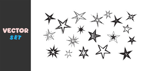 Hand drawn collection of various star shapes in black ink on white background