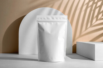 Blank White Stand-Up Pouch Mockup with Palm Leaf Shadow. Modern Cosmetic Packaging