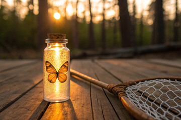 Golden Butterfly Glowing Inside a Jar at Sunset. Nature, Magic, and Imagination Concept