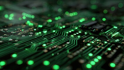 Close-up view of a vibrant green circuit board with glowing lights
