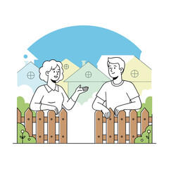 Man and woman talking over a wooden fence in a suburban neighborhood with houses and blue sky neighbors