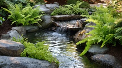 Serene Garden Landscape with Gentle Stream, Lush Ferns, and Smooth Stones Creating a Tranquil Nature Retreat in a Relaxing Environment