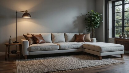 Interior view of a living room featuring a beige sectional sofa with cushions, a floor lamp, a side table, and a view of greenery through a window.