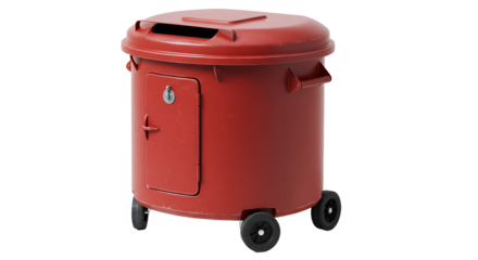 Red vintage postbox on wheels isolated on white background, classic mail collection box, perfect for postal service or vintage decor projects