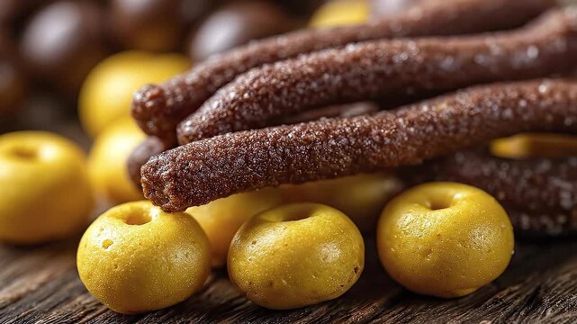 Yellow berries with holes and brown sticklike objects stacked atop each other Wooden surface