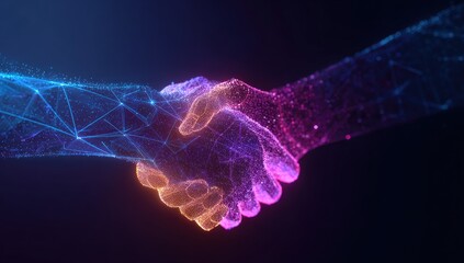 Digitized handshake forming, glowing network connections, with blue to purple color gradients
