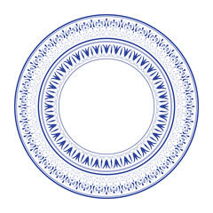 An elegant round frame in blue and white, decorated with stylized floral and botanical motifs. This sophisticated frame exudes classic elegance and is ideal for decorating signs,  monograms.