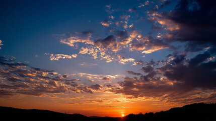 peace. A breathtaking sunset sky panorama with vibrant warm hues and glowing clouds. inspiring travel planning, travel magazines, designed for travel destination branding, inspires travel planning.