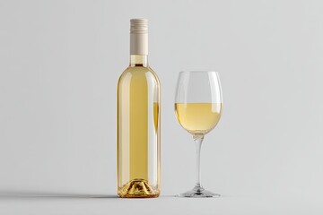 White wine bottle and glass on a light gray background