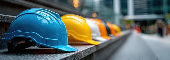 A row of colorful construction helmets on steps, with a blurred urban background