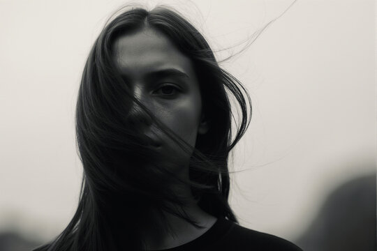 Black and white portrait with wind-tousled flowing hair