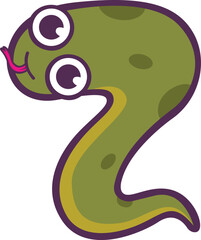 Cute green serpent character as the number two for children's education