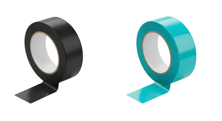Two rolls of adhesive tape in black and turquoise colors, isolated on white background, perfect for office or craft projects