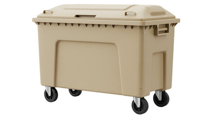 Large beige outdoor commercial dumpster container on wheels for waste disposal and recycling, clean and isolated on white background, perfect for sanitation services