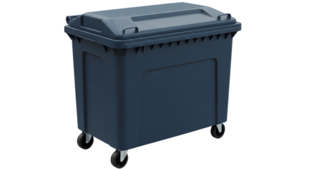 Large black industrial plastic wheeled dumpster bin isolated on white background perfect for waste management