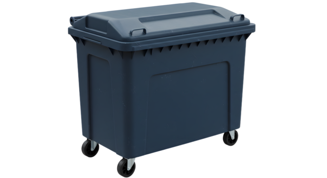 Large black industrial plastic wheeled dumpster bin isolated on white background perfect for waste management
