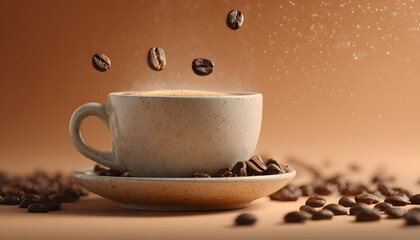 White coffee cup on saucer with scattered and falling coffee beans. Warm orange background promotes morning energy and motivation. Rustic, cozy scene with caffeine boost and morning ritual.