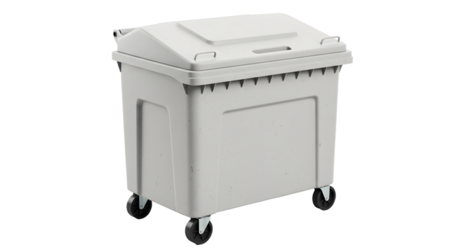 Large gray commercial waste bin with lid and wheels for easy mobility, ideal for industrial and outdoor trash management