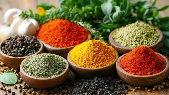 Colorful spices in wooden bowls arranged on a wooden surface. Includes red, yellow, green, and black spices with fresh herbs