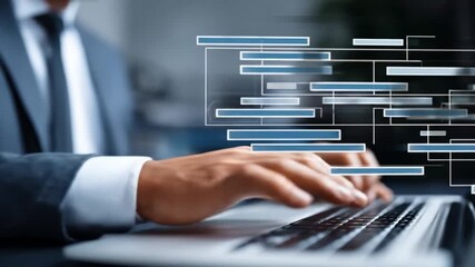 Business pro typing on a laptop with a virtual timeline overlay - Powered by Adobe