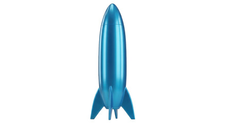 Isolated blue metal rocket with three fins ready for flight adventure on a journey