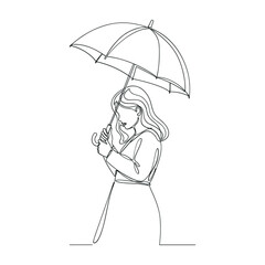 Single line drawing of a woman holding an umbrella line art