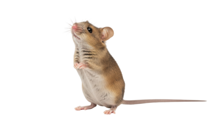 Isolated Curious mouse standing up straight, looking upwards in a studio setting, cutout