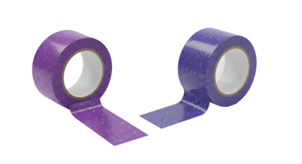 Two rolls of glossy purple decorative tape with white speckles, isolated on white background, perfect for crafts and gift wrapping