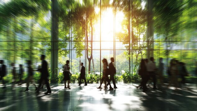 Blurred image of people inside a glass building, with trees visible outside, and bright sunlight