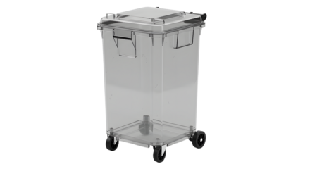 Transparent rolling plastic cart with lid and metal handles, versatile storage and transport solution for home or office organization