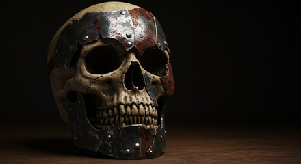 Detailed skull sculpture with metal accents against dark background
