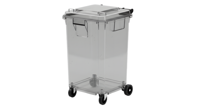 Transparent rolling plastic cart with lid and metal handles, versatile storage and transport solution for home or office organization