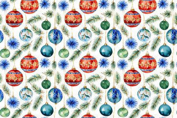 Whimsical watercolor seamless pattern with bright Christmas baubles intermingled with fir branches, perfect for seasonal home decor, wrapping paper, and festive designs