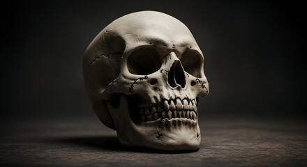 Obraz premium Human skull against dark background rendered in a realistic studio
