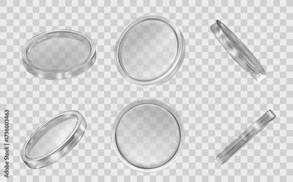 Wall mural 3d set glass transparent coins with different angles. design elements. stock vector illustration on 