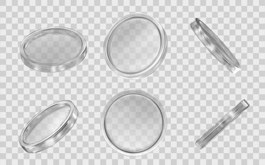 3D set glass transparent coins with different angles. Design elements. Stock vector illustration on isolated background.	

