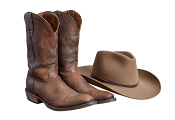 Brown Leather Cowboy Boots and Hat isolated on a transparent background